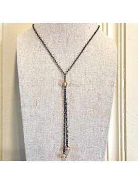 Vintage Pale Yellow Artisan Glass Bead Y Necklace Black Steel 16" L 4" Lariat